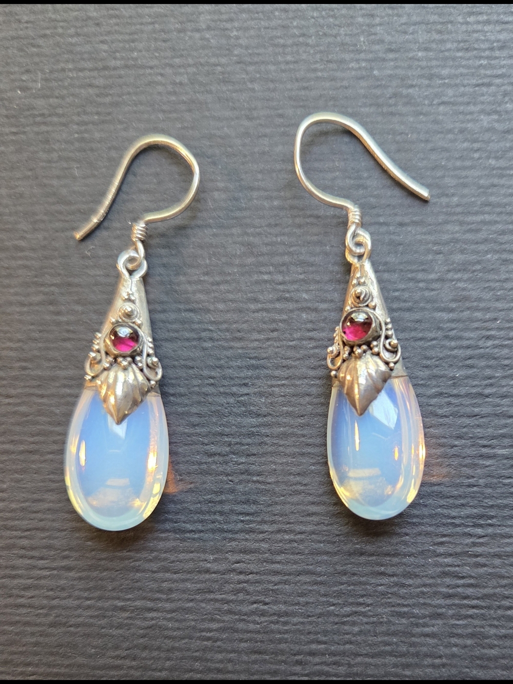 Moonstone Teardrop Dangle Earrings with Garnet Accents - Silver